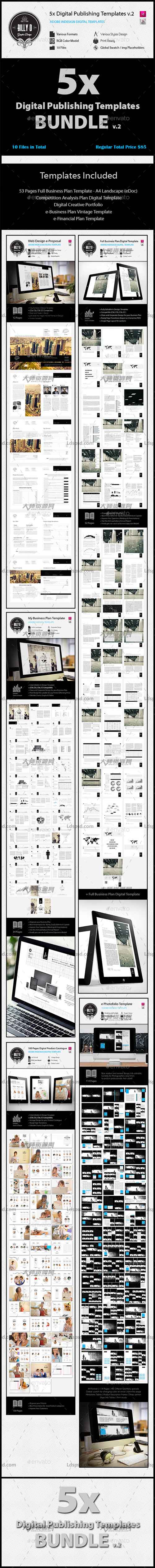 5x Digital Publishing Templates Bundle v2,indesign模板－商业计划手册(五套合集)